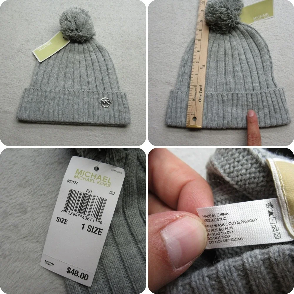 Michael Kors Beanie Hat Unisex One Size Gray Pom Pom Logo Winter Ribbed Knit NWD